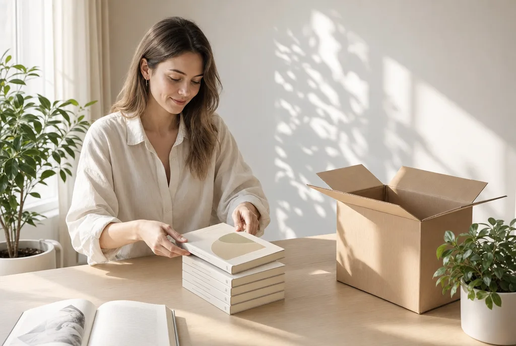 Een auteur zet een stapel exemplaren van haar boek klaar naast een open verzenddoos