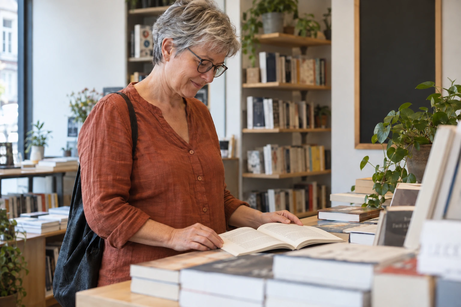 Een lezer bladert door een boek in een rustige boekhandel.