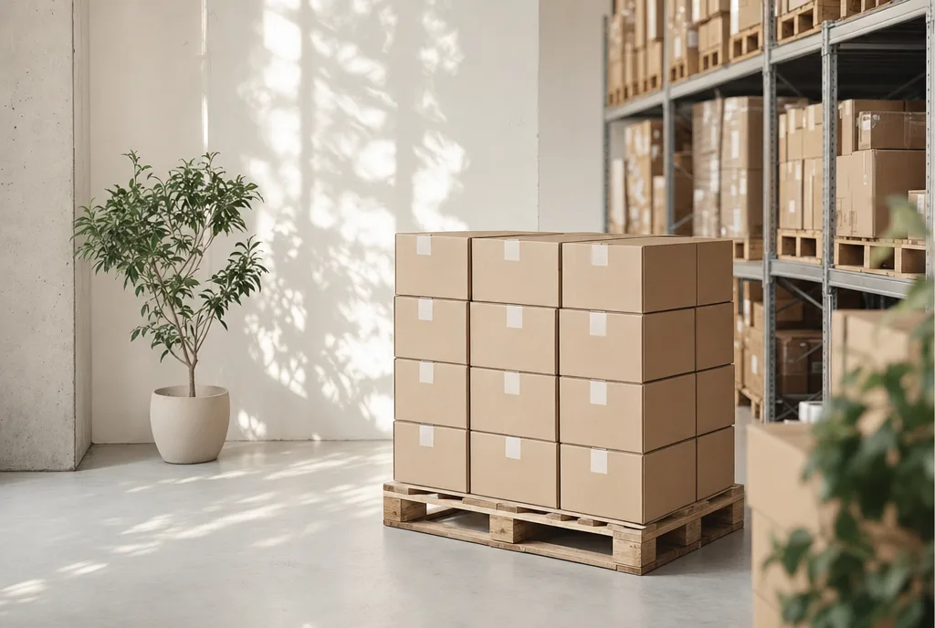Een pallet met dozen boeken in een licht magazijn