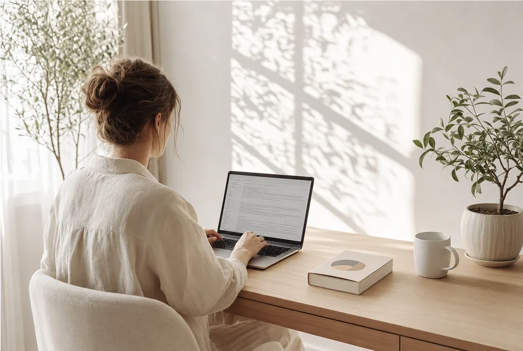 Een auteur werkt op een laptop aan haar nieuwsbrief, met haar boek naast zich