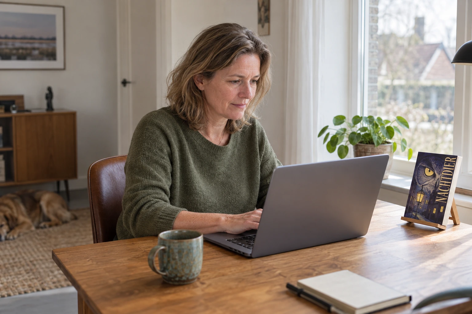 Een auteur schrijft een bericht voor haar lezers op haar laptop.