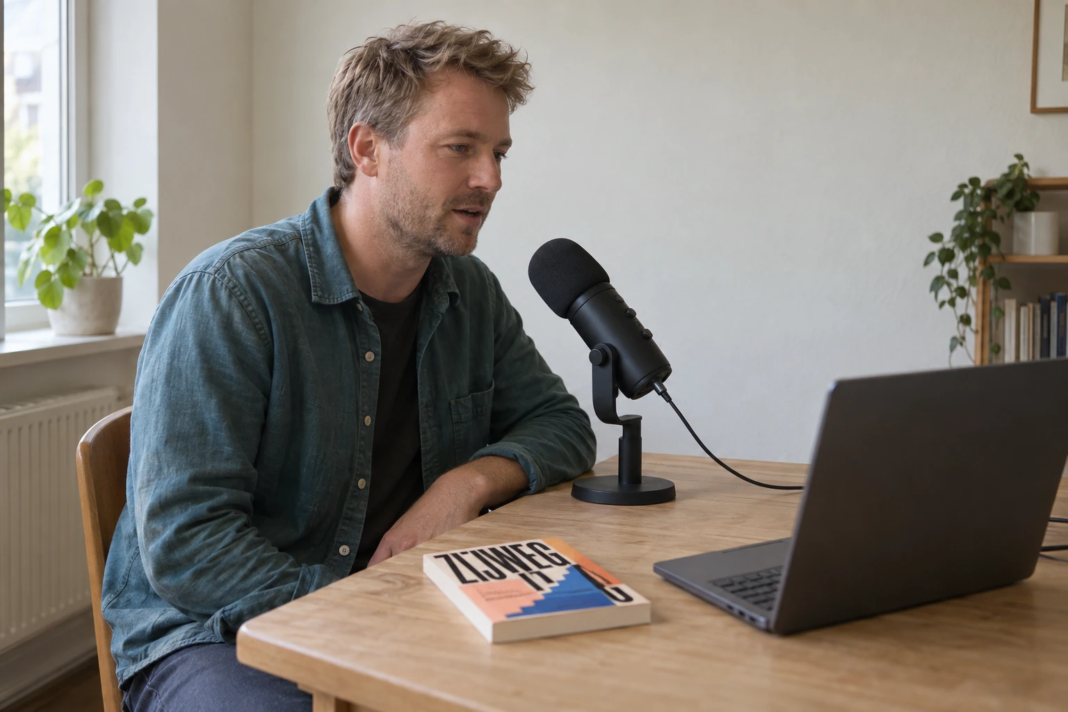 Een auteur spreekt in een microfoon voor een podcast over zijn boek.