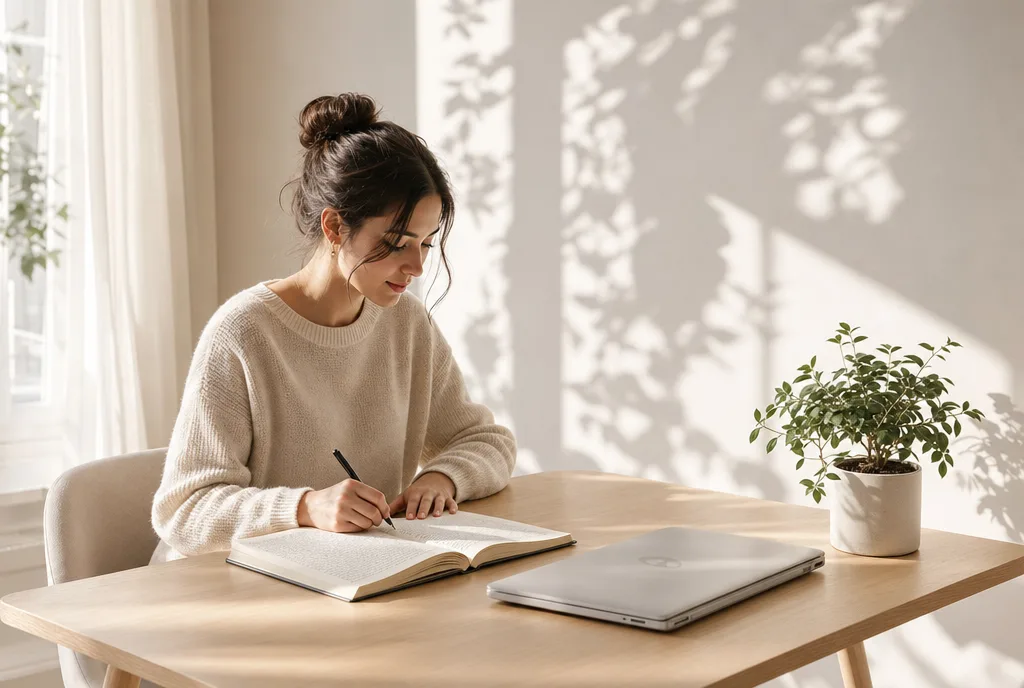 Een auteur schrijft in een notitieboek naast een dichtgeklapte laptop