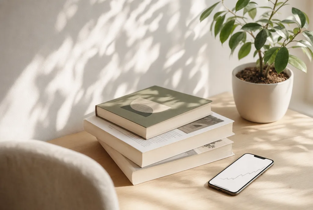 Een stapel boeken naast een telefoon met een stijgende verkoopgrafiek