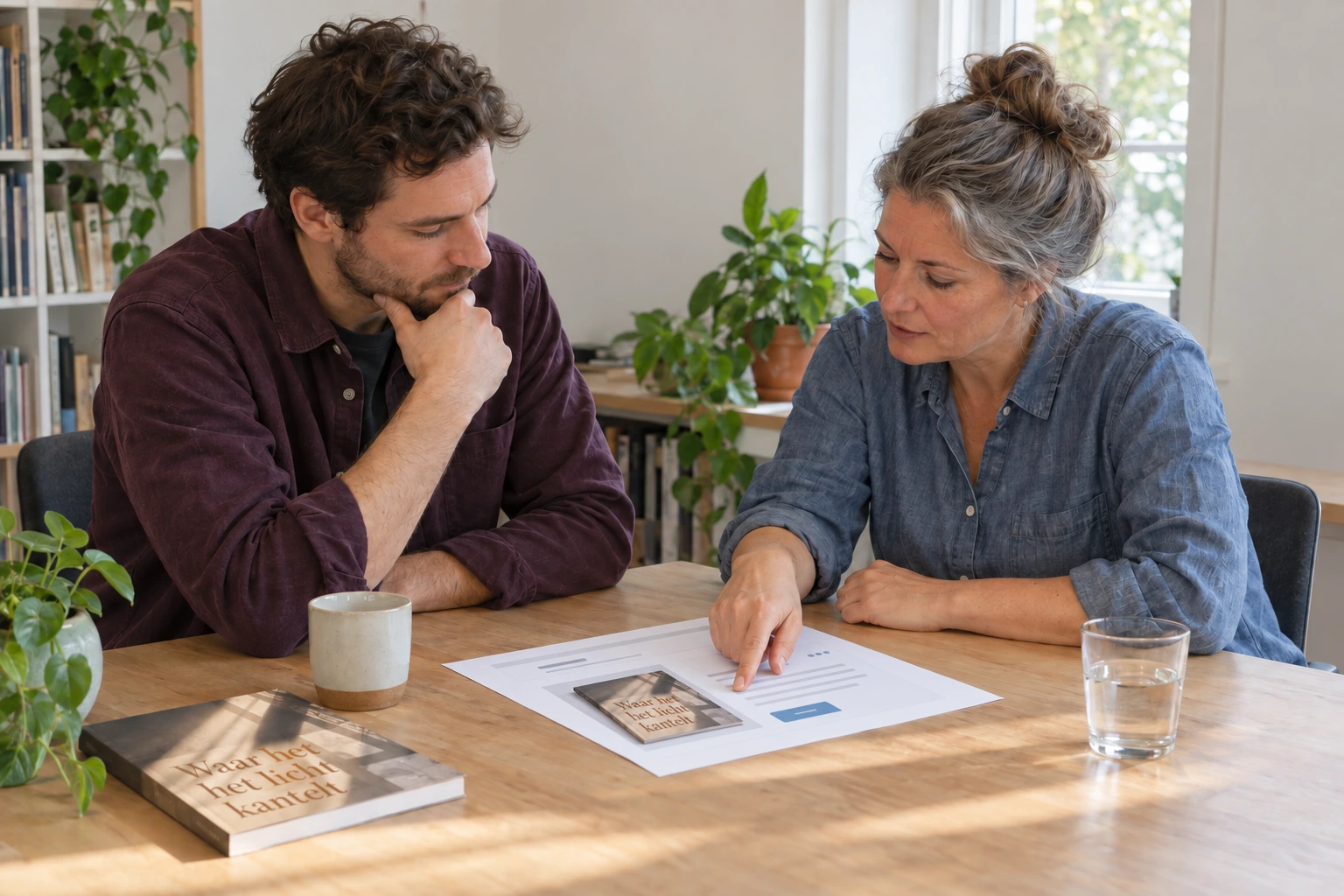 Een auteur en adviseur bespreken een voorstel voor een boekwebshop.