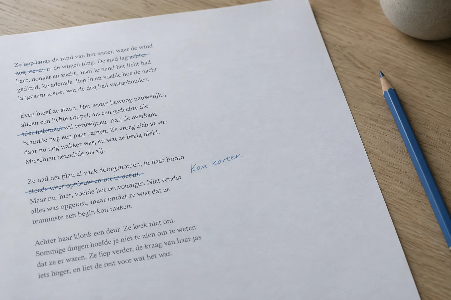 Overbodige woorden en zinnen zijn doorgestreept op een manuscriptpagina.