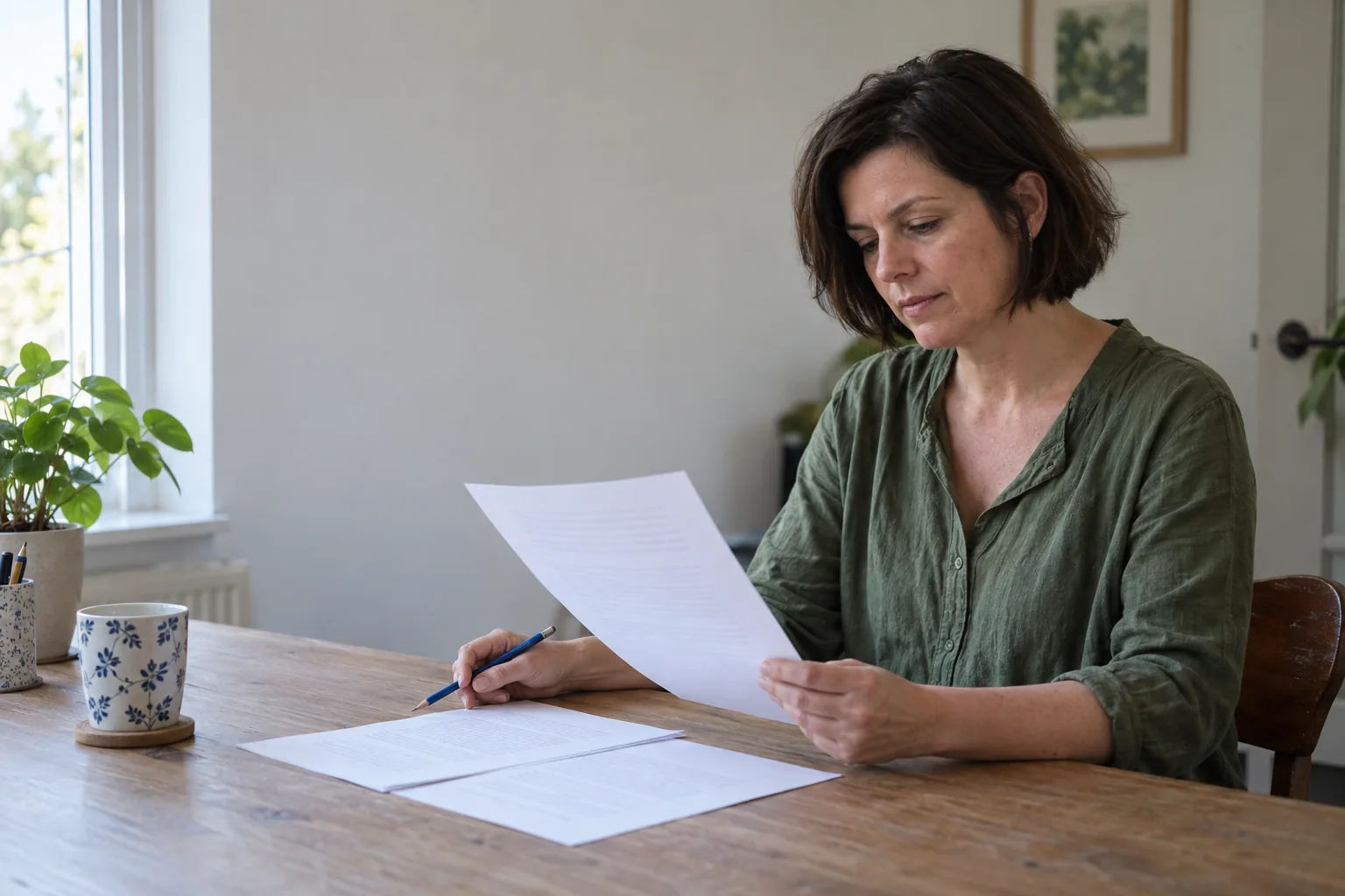 Een redacteur leest aandachtig een manuscript met een potlood bij de hand.