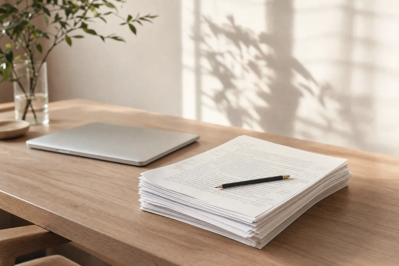 Een dichtgeklapte laptop op de achtergrond, met op de voorgrond een stapel manuscriptpagina's met potloodnotities