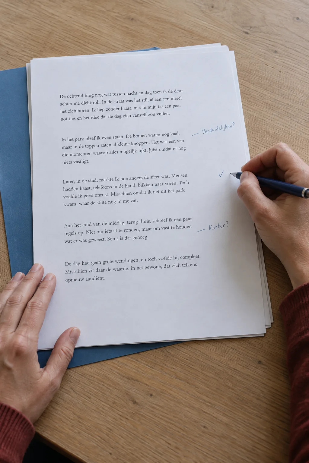 Handen beoordelen de opmerkingen van een redacteur op een geprint manuscript.