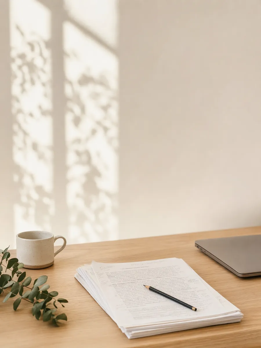 Stapel manuscriptpagina's met potloodaantekeningen naast een dichte laptop op een lichte tafel