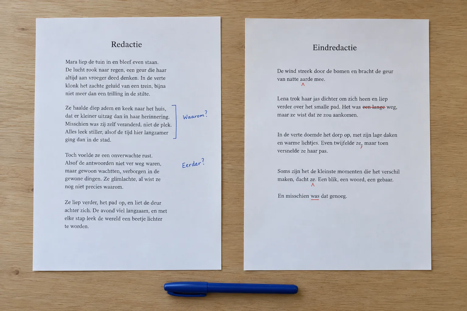 Twee manuscriptpagina's met vragen over het verhaal en correcties op zinsniveau.