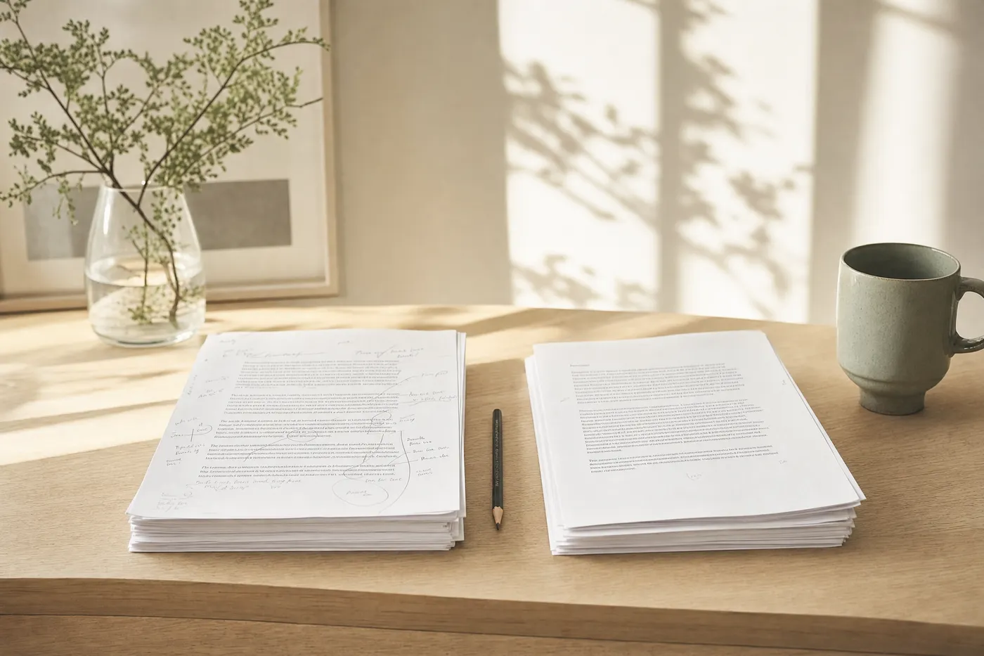 Twee stapels manuscriptpagina's naast elkaar: links vol potloodnotities, rechts een schone versie