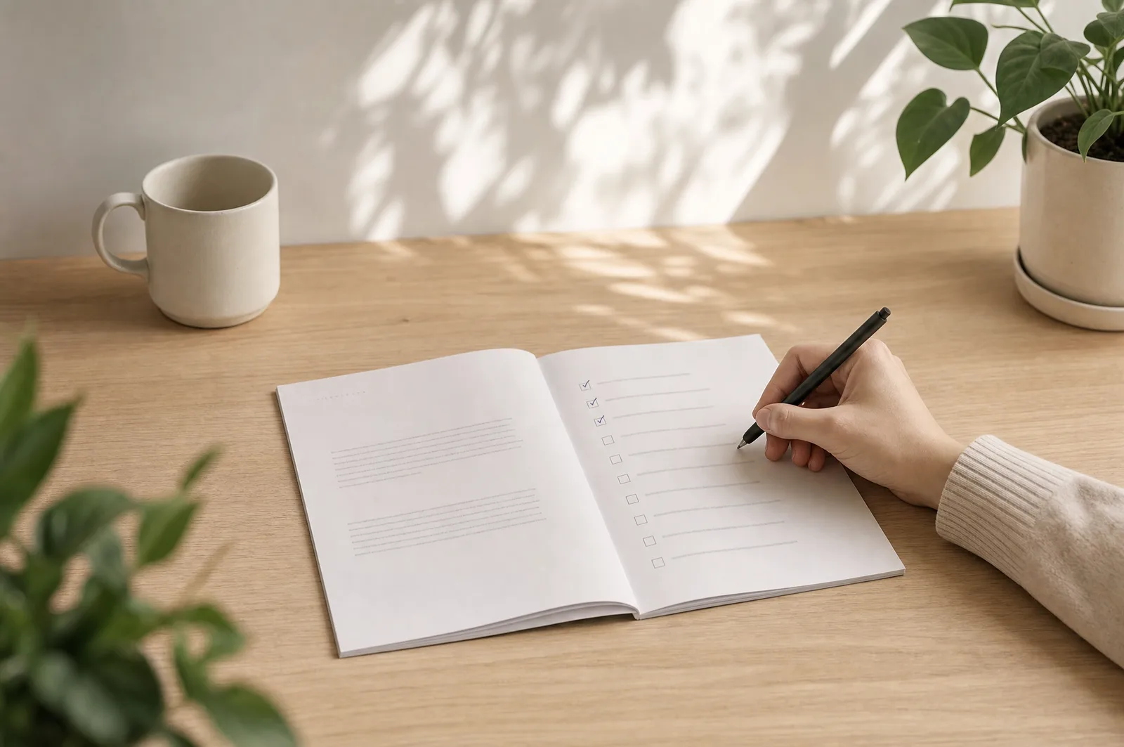 Het Mibook-stappenplan ligt open op een tafel bij de checklist, waarvan iemand met een pen een regel afvinkt.