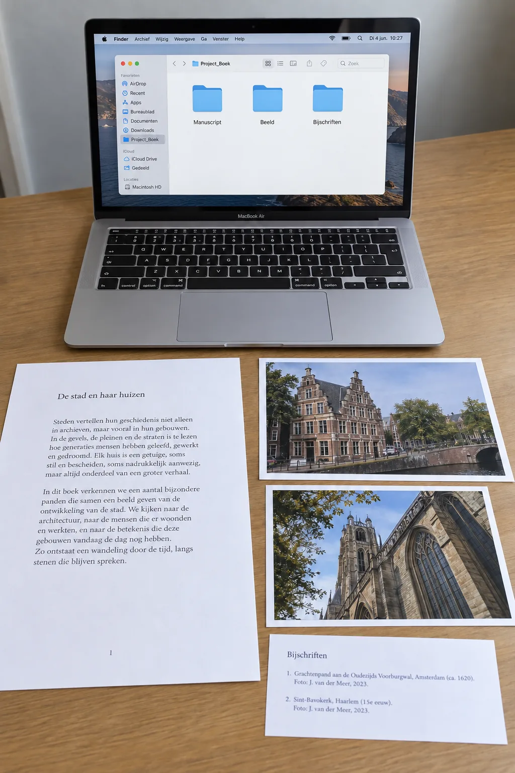 Manuscript, foto’s en bijschriften zijn overzichtelijk verzameld voor de vormgever.