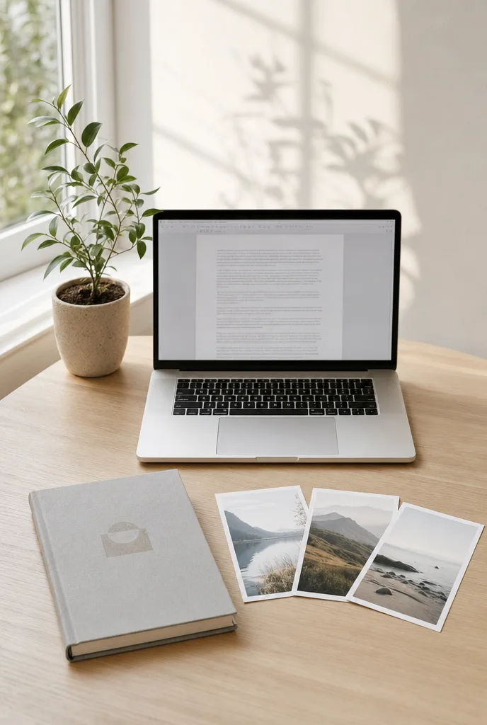 Een opengeklapte laptop op een houten bureau toont een pagina van een manuscript in een tekstverwerker, met daarnaast een notitieboek en drie fotoprints