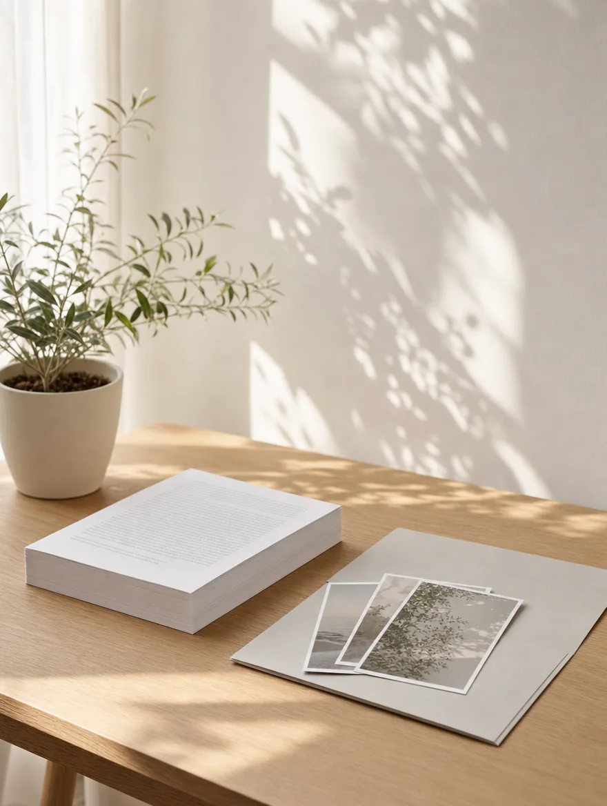 Een gedrukt manuscript ligt naast een map met fotoprints op een houten tafel