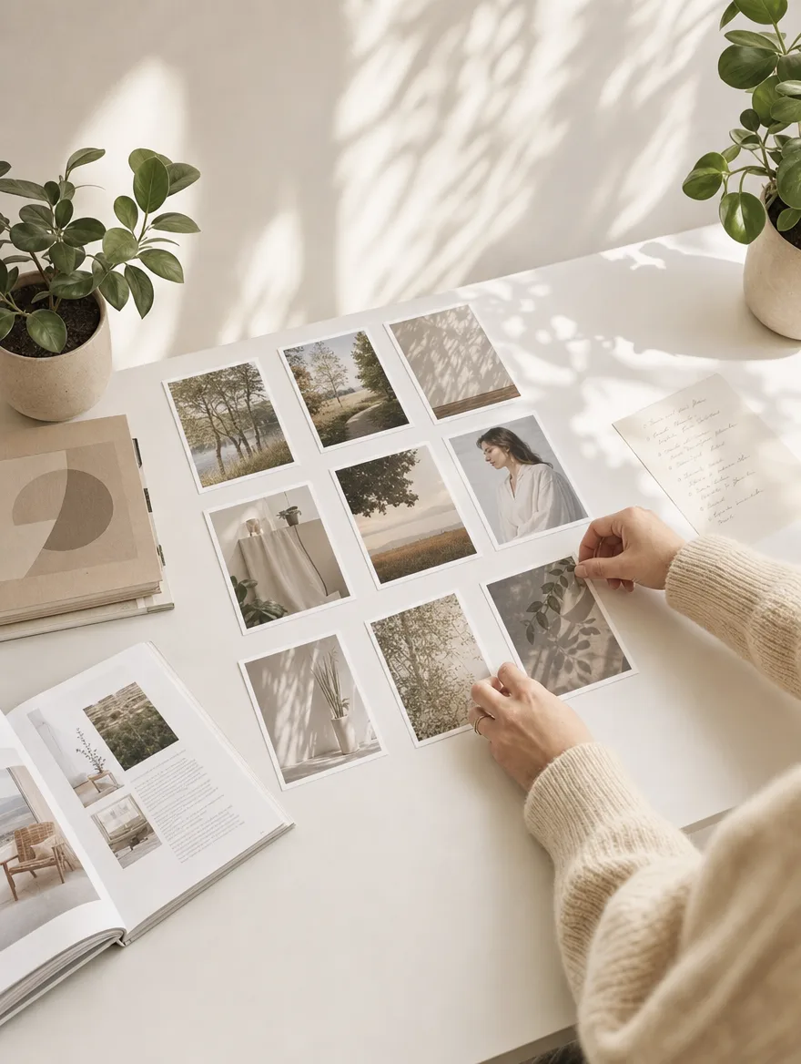 Handen ordenen fotoprints in een raster op een lichte werktafel