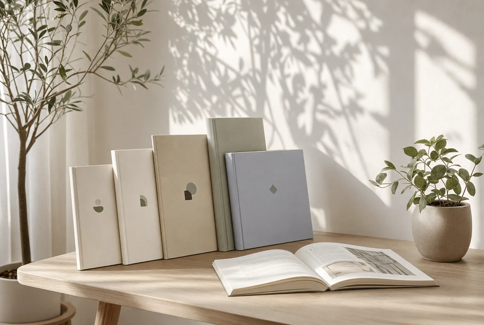 Gedrukte boeken in verschillende formaten naast elkaar op een lichte houten tafel, met een opengeslagen boek ervoor