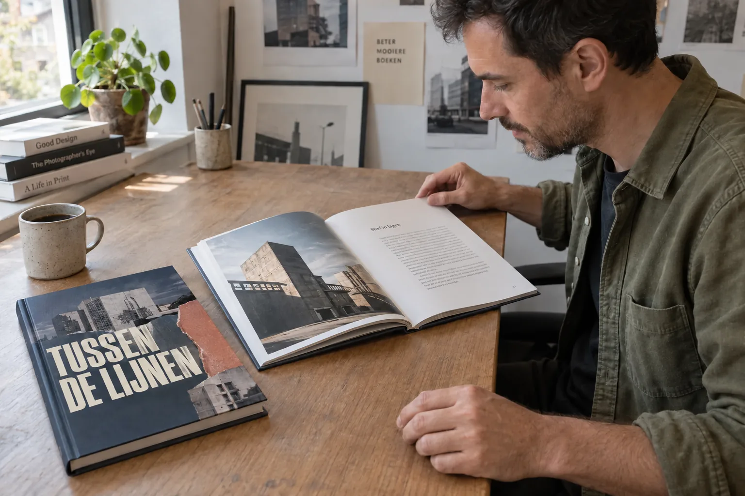 Een vormgever bekijkt een open boek naast een omslag met uitgesproken typografie en fotografische collage.
