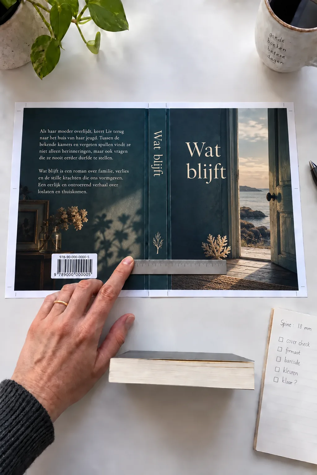 Een liniaal controleert de rugdikte op een volledige omslagproef met voorzijde en achterzijde.