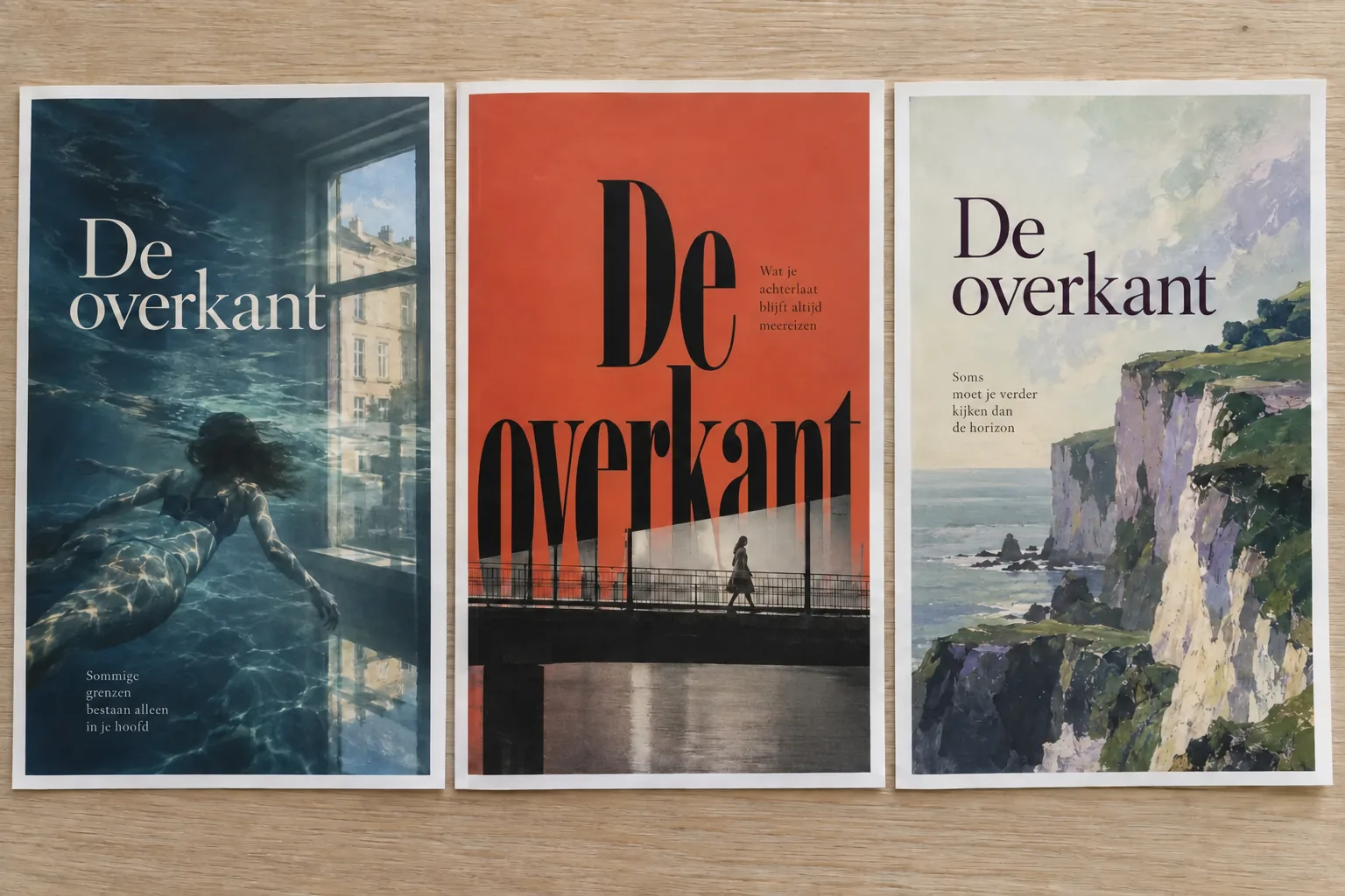 Drie verschillende omslagontwerpen voor dezelfde boektitel liggen als papieren voorstellen naast elkaar.
