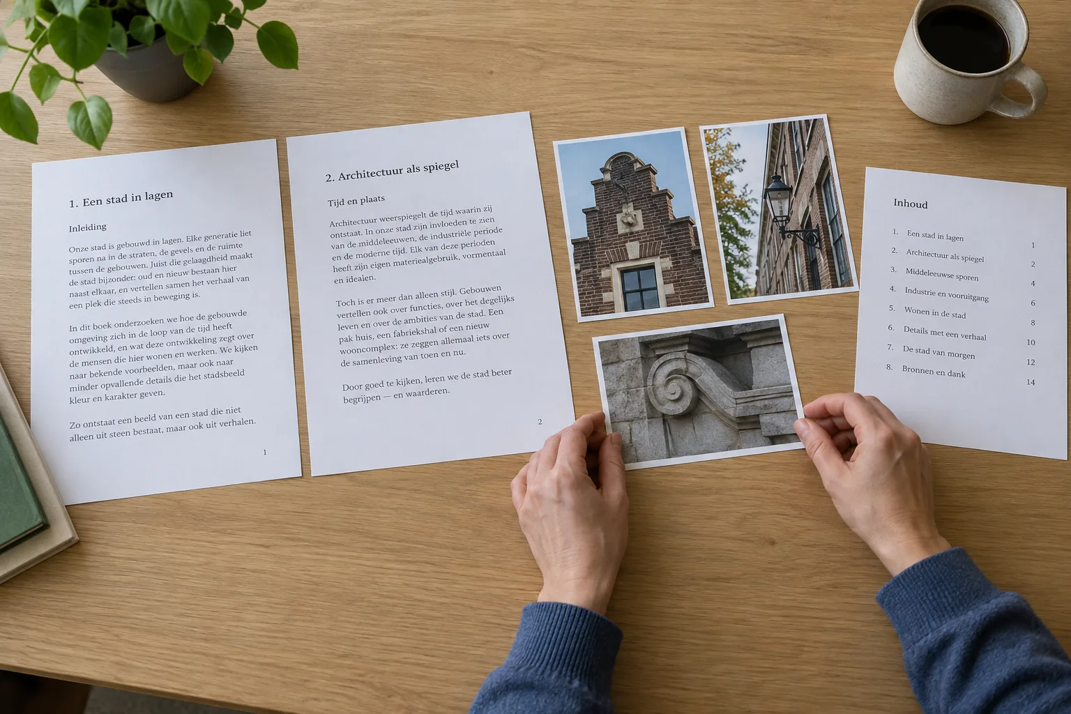 Handen ordenen manuscriptpagina’s, architectuurfoto’s en een inhoudsopgave.