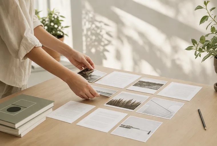 Twee handen leggen gedrukte manuscriptpagina’s en fotoprints in rijen op een lichte houten tafel