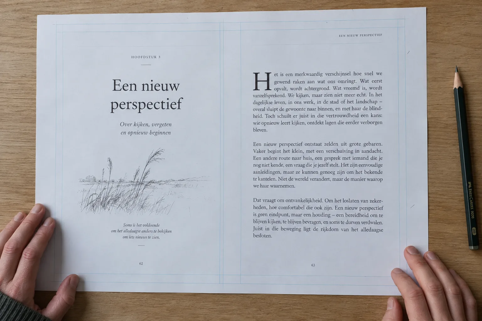 Een binnenwerkproef toont typografie, marges en de indeling van een openingspagina.