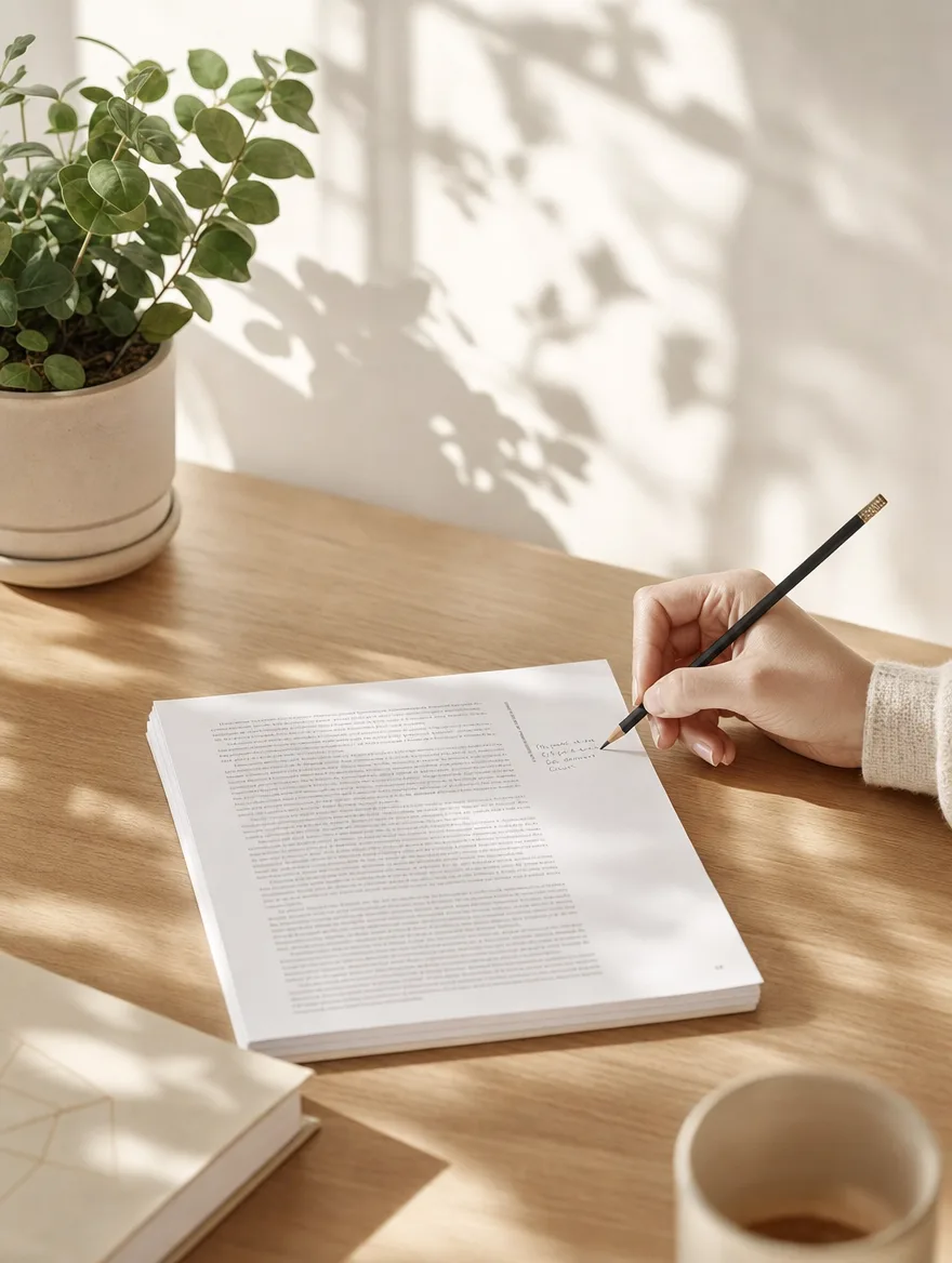 Een hand schrijft met potlood een notitie in de marge van een gedrukte binnenwerkproef