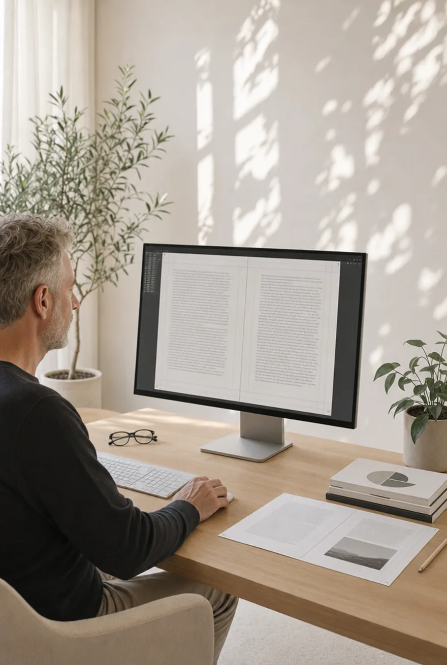 Een vormgever maakt aan een groot scherm een boekpagina op, met een gedrukte proef en een potlood op het bureau ernaast