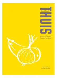 Cover van het kookboek ‘THUIS’ met gele achtergrond en illustratie – voorbeeld van een kookboek dat de auteurs via Codex succesvol zelf uitgegeven hebben
