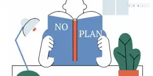 Illustratie met tekst ‘No Plan’ en boek-icoon die aangeeft dat je zonder plan toch via Codex professioneel je boek zelf kunt uitgeven