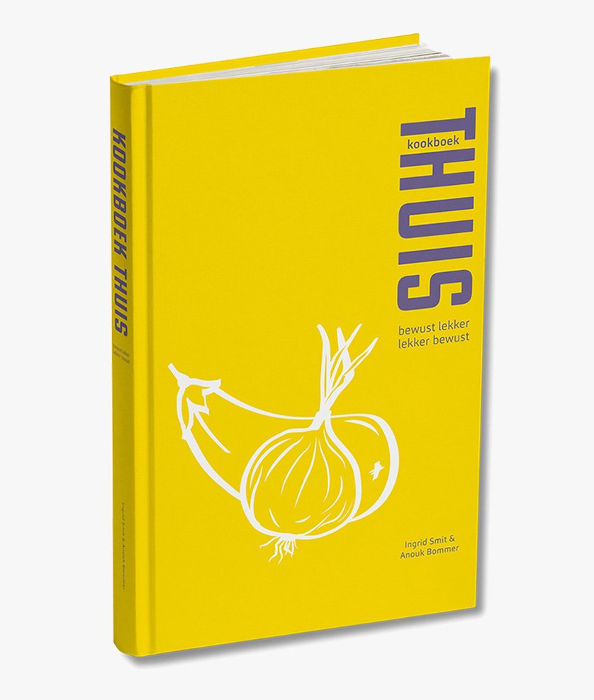 Cover van het kookboek ‘THUIS’ met gele achtergrond en illustratie – voorbeeld van een kookboek dat de auteurs via Codex succesvol zelf uitgegeven hebben